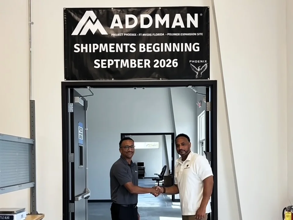 STEMCAT and ADDMAN leaders shake hands under the ADDMAN Project Phoenix banner at its Fort Myers site